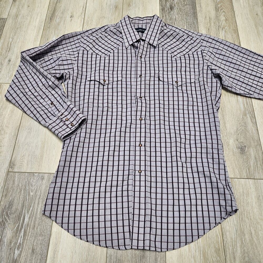 Panhandle Vintage Slim Pearl Snap Grey Plaid Shirt Men's 15.5/33 Medium